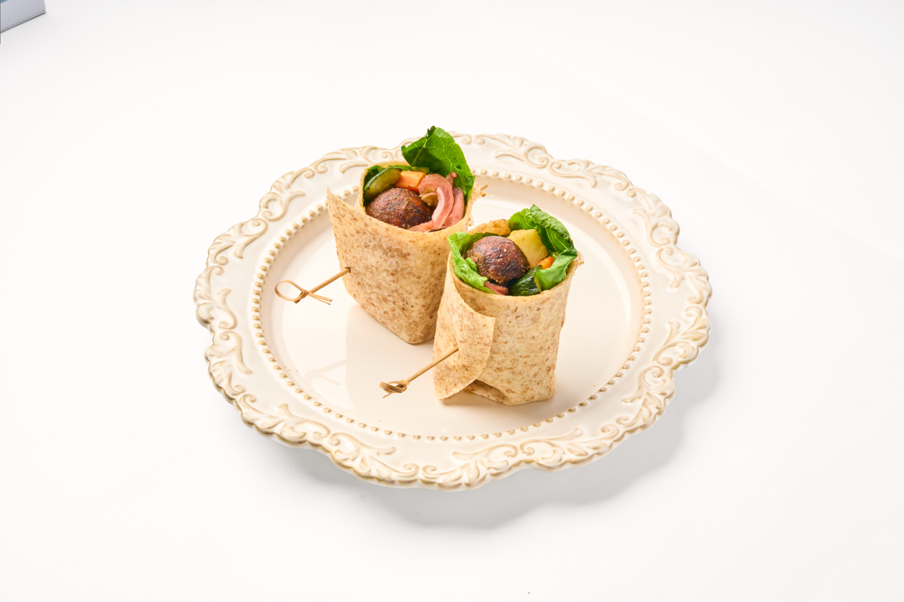 Homemade Falafel, roasted veggies, pickled onion, almond pesto, toum