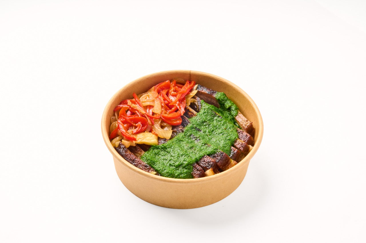 Chimichurri Steak, sautéed bell peppers, caramelized onions