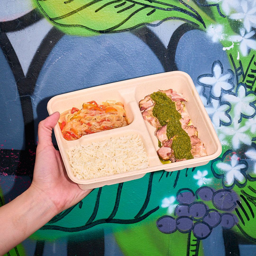 Chimichurri Beef Flank, sautéed bell peppers, caramelized onions