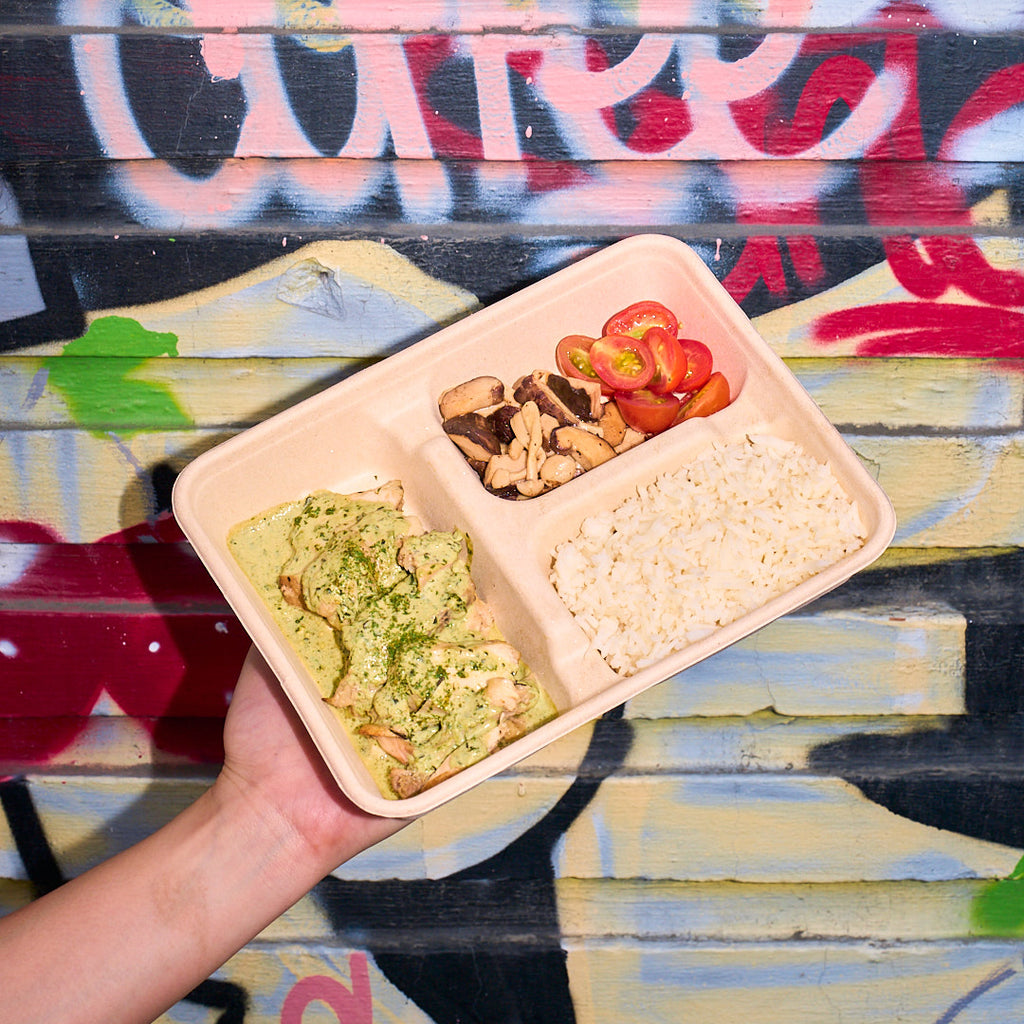 Creamy Pesto Chicken, mushroom medley, pickled cherry tomatoes