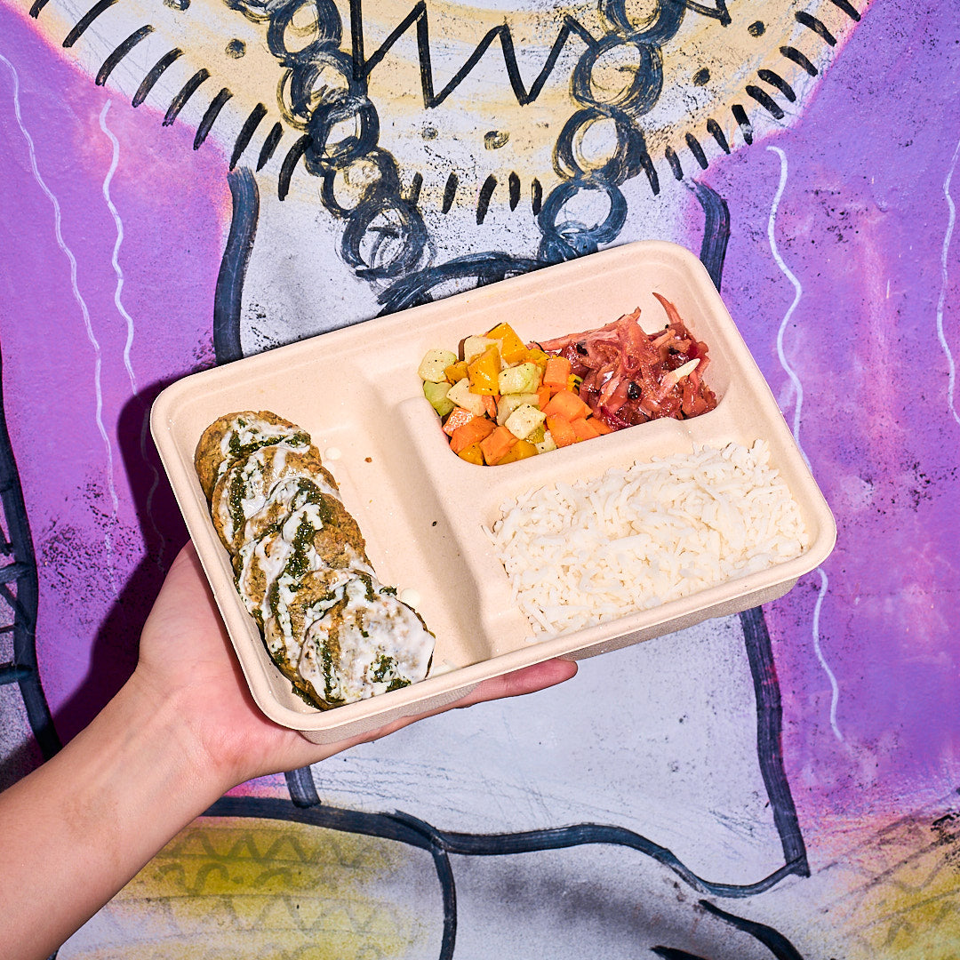 Homemade Falafel, roasted veggies, pickled onion, almond pesto, toum