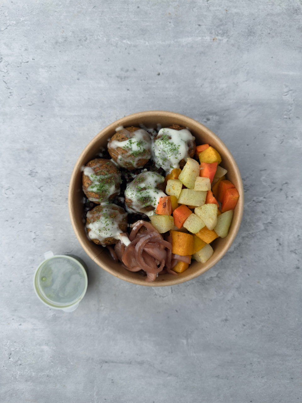 Homemade Falafel, roasted veggies, pickled onion, almond pesto, toum