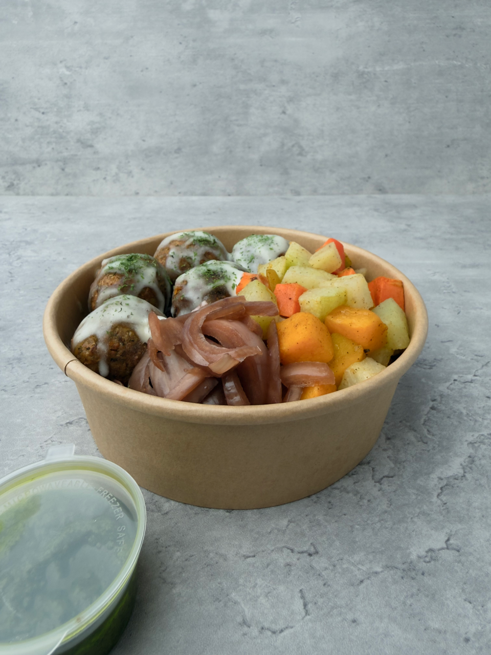 Homemade Falafel, roasted veggies, pickled onion, almond pesto, toum