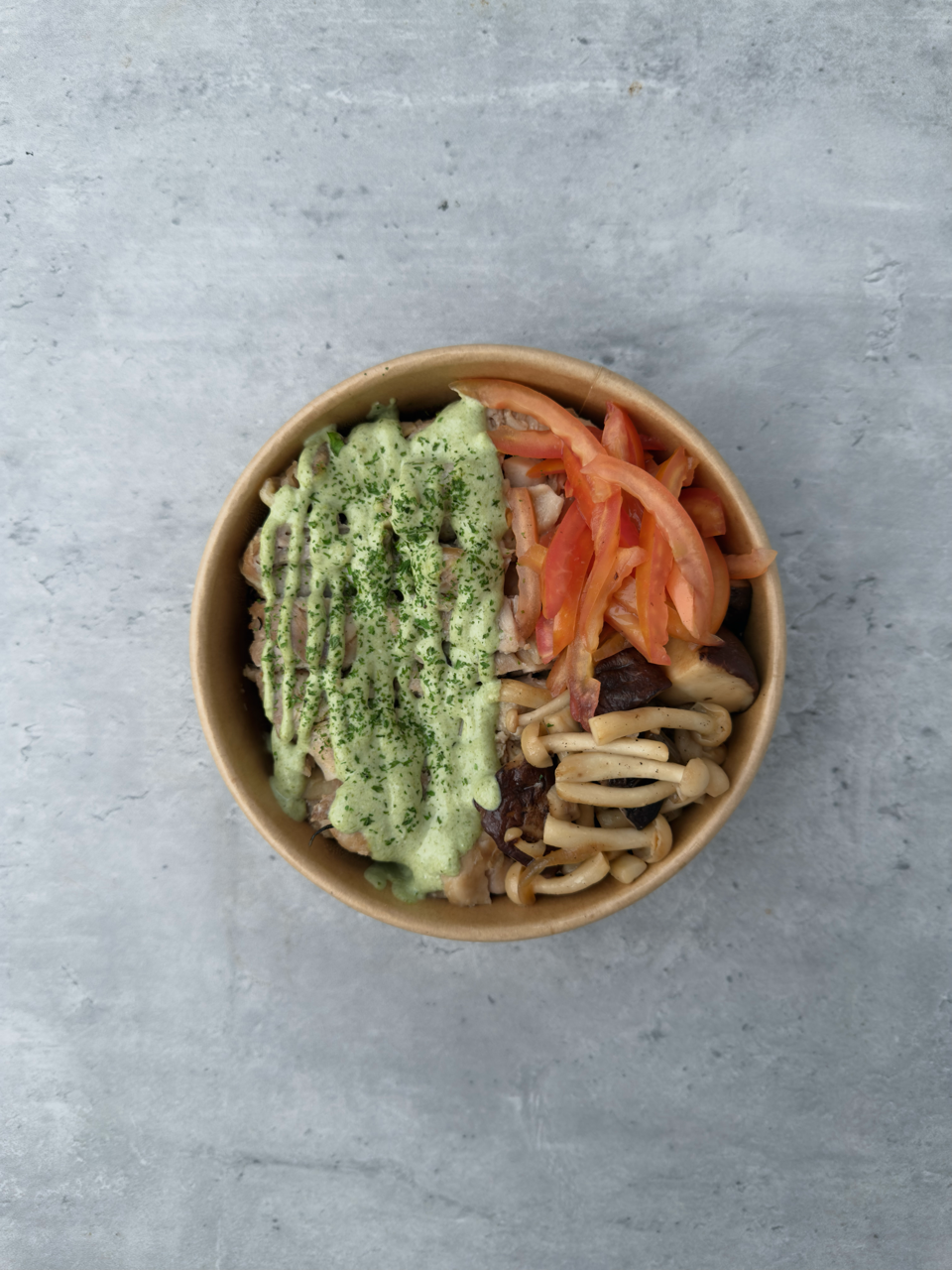 Creamy Pesto Chicken, mushroom medley, pickled cherry tomatoes