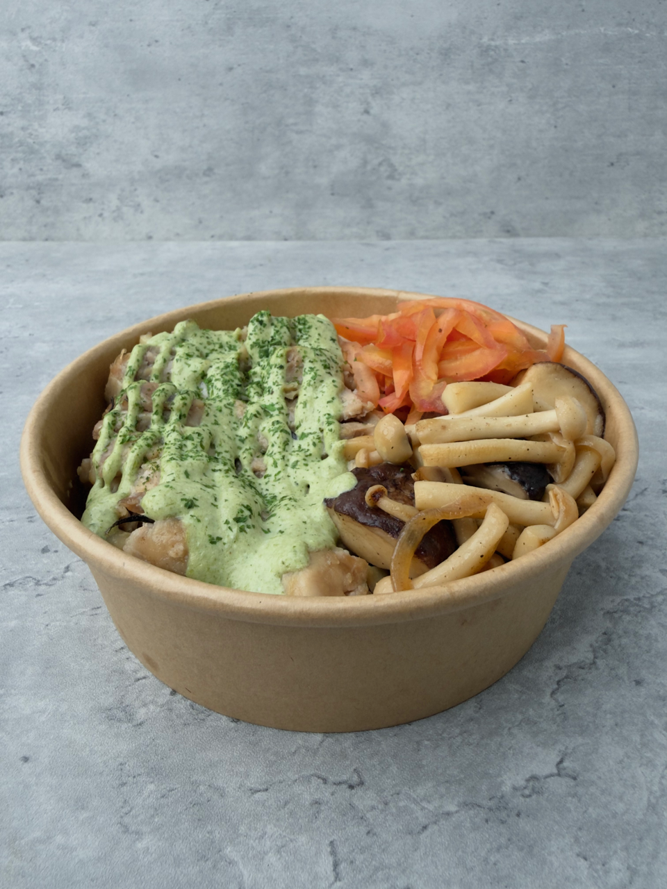 Creamy Pesto Chicken, mushroom medley, pickled cherry tomatoes